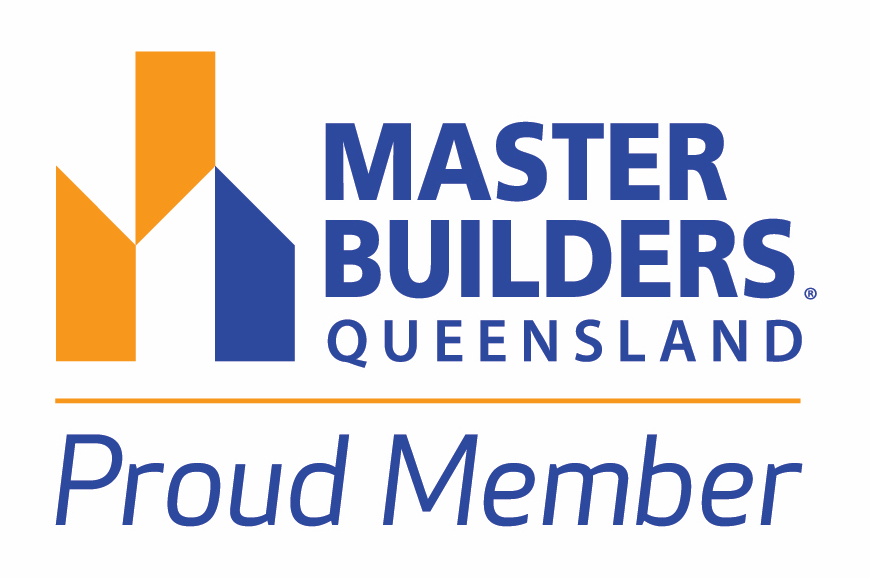 White badge saying Proud member of the Master Builders Association Queensland